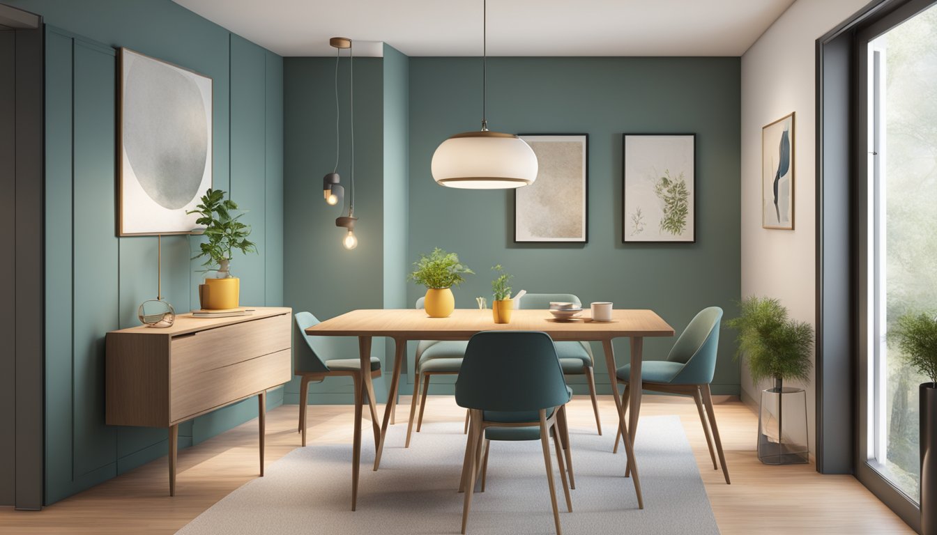 A compact dining table with foldable chairs, a sleek sideboard, and a hanging pendant light in a cozy nook