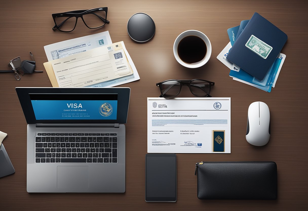 A desk with a laptop, passport, visa, trade license, and Emirates ID laid out. A bank representative sits across, ready to process the documents