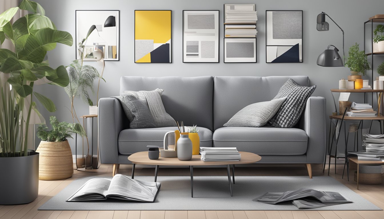 A grey sofa surrounded by various shopping guides and magazines