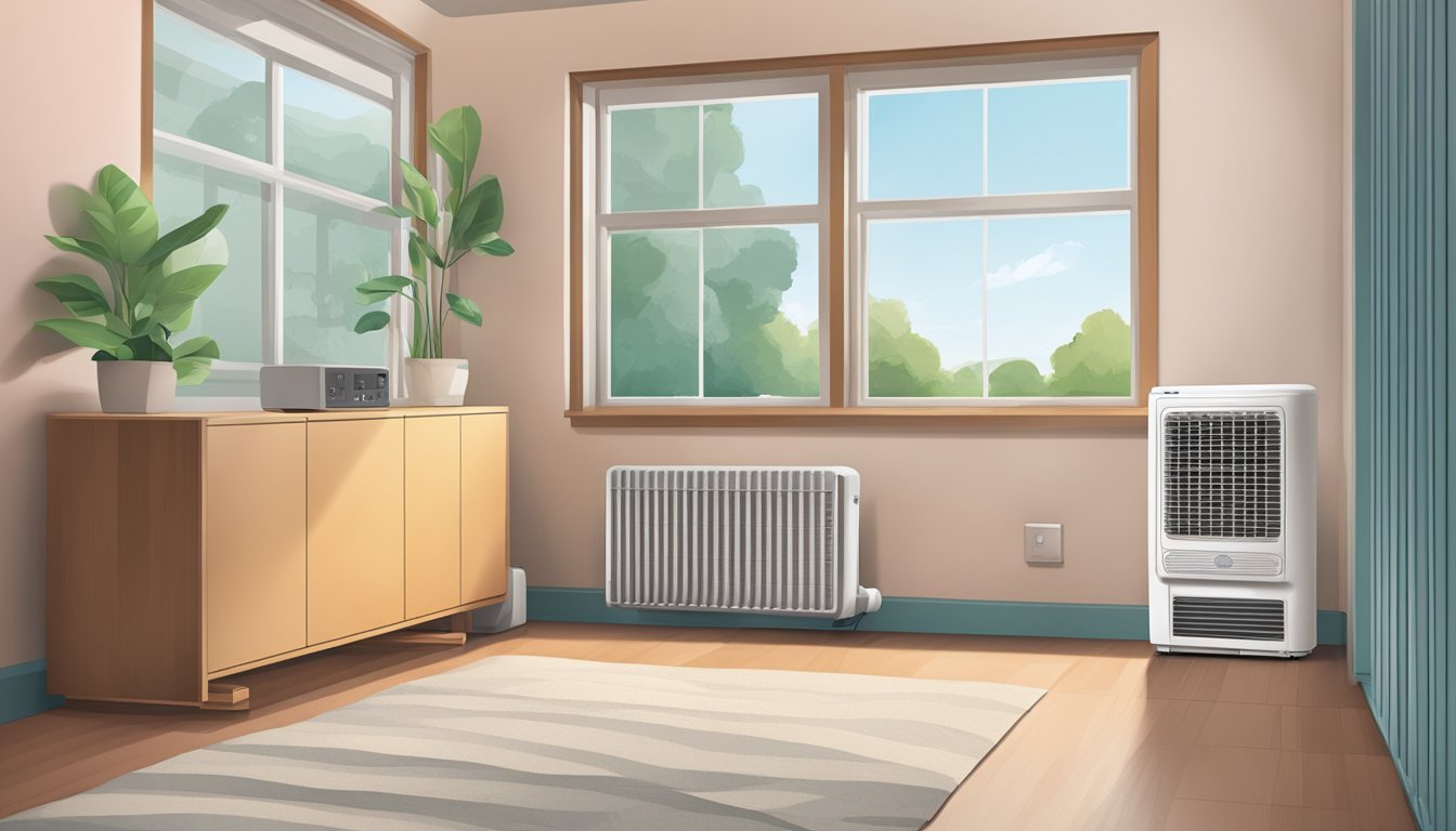 A room with a window unit air conditioner on one side and a portable air cooler on the other, both plugged into electrical outlets