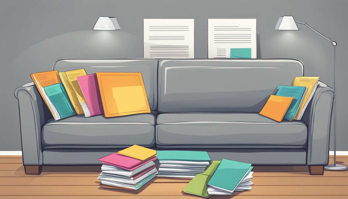 A grey sofa surrounded by a stack of Frequently Asked Questions (FAQ) brochures