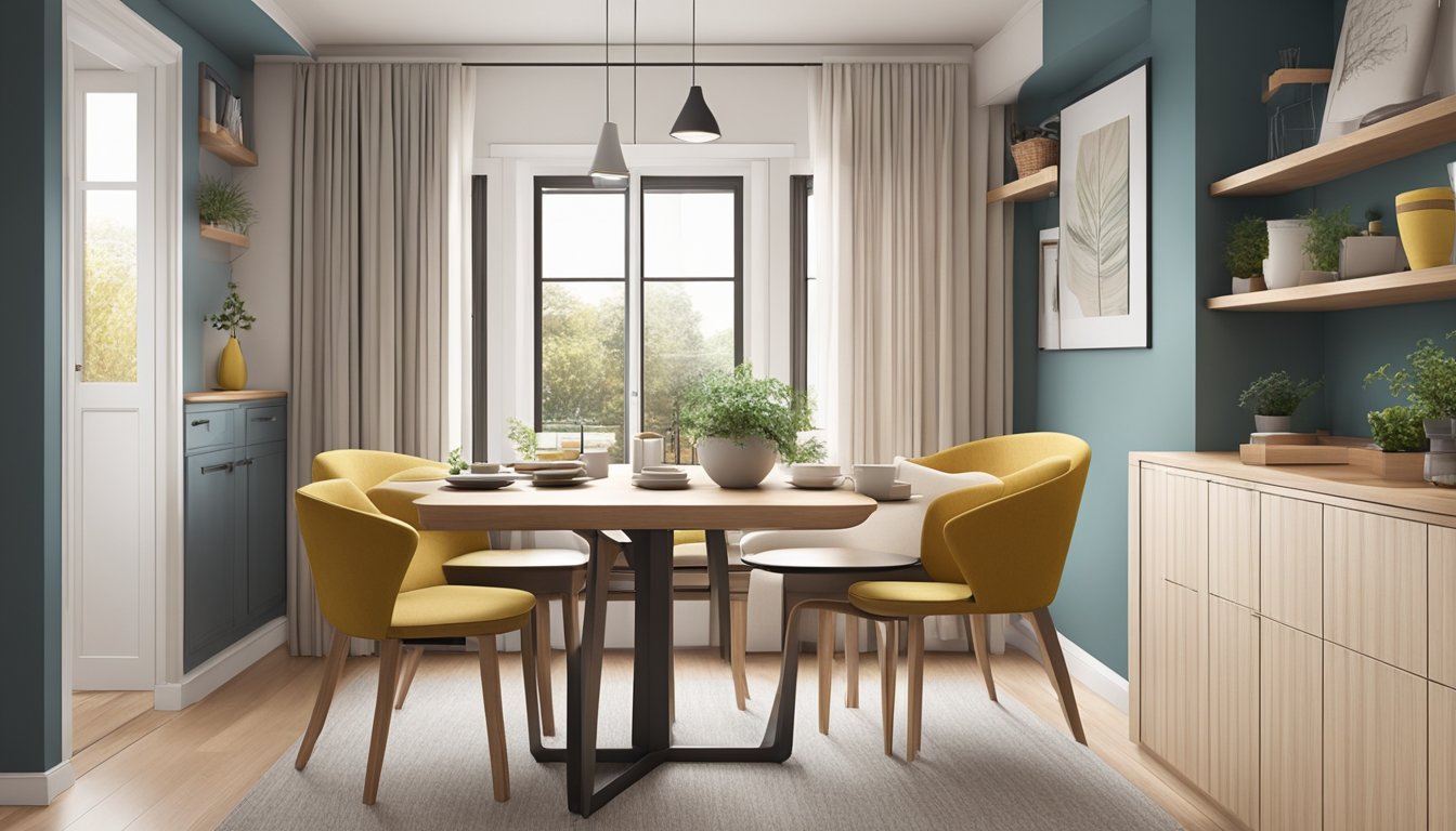 A cozy dining nook with a compact table and chairs, clever storage solutions, and multi-functional furniture to maximize space