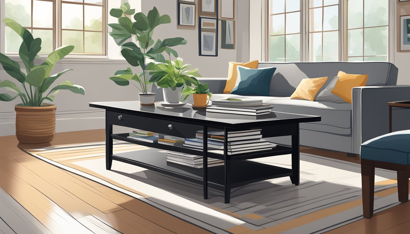 A black coffee table sits in a well-lit room, surrounded by a few books and a potted plant. The surface is clean and polished, with no visible scratches or marks