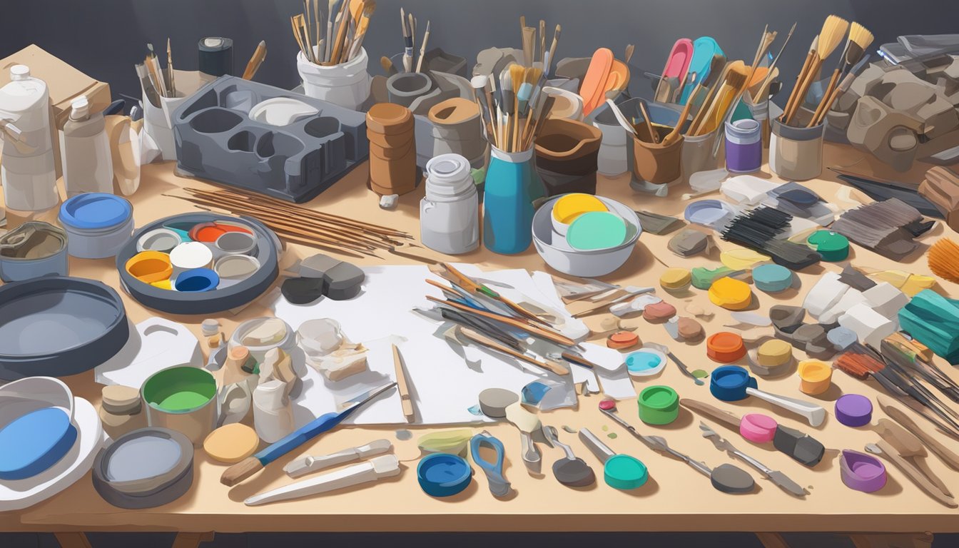 An array of materials and tools spread out on a work surface, including paint, brushes, sculpting clay, and various doll parts