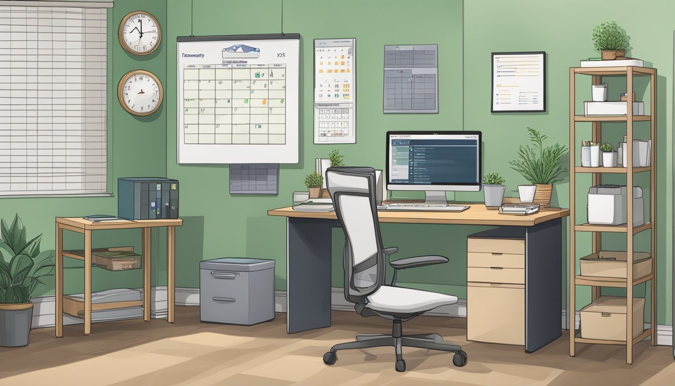 An occupational therapist's office with a desk, computer, and therapy equipment. A calendar on the wall shows a busy schedule. The therapist's salary information is displayed on a computer screen
