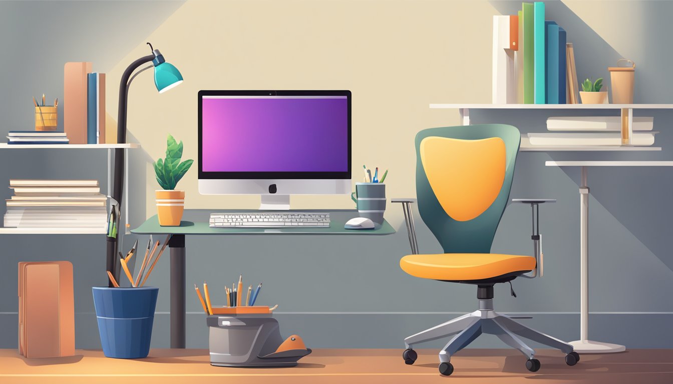 A small computer table with a laptop, mouse, and notepad, surrounded by a chair and a desk lamp