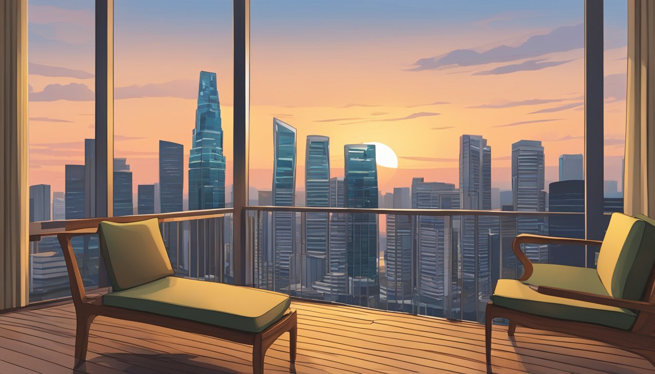 A teak chair sits on a balcony overlooking the Singapore skyline at sunset