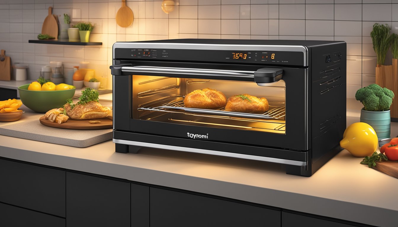 A Toyomi oven sits on a kitchen counter, its sleek black exterior gleaming under the warm glow of the overhead lights. The digital display shows the temperature setting, while the oven door is slightly ajar, hinting at the delicious meal cooking inside