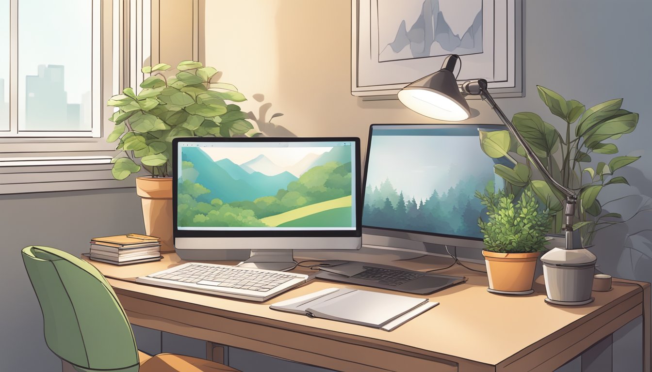 A small computer table sits against a backdrop of a neat and organized workstation, with a laptop, notebook, and pen placed on top. The table is well-lit with a desk lamp, and a plant adds a touch of greenery to the scene