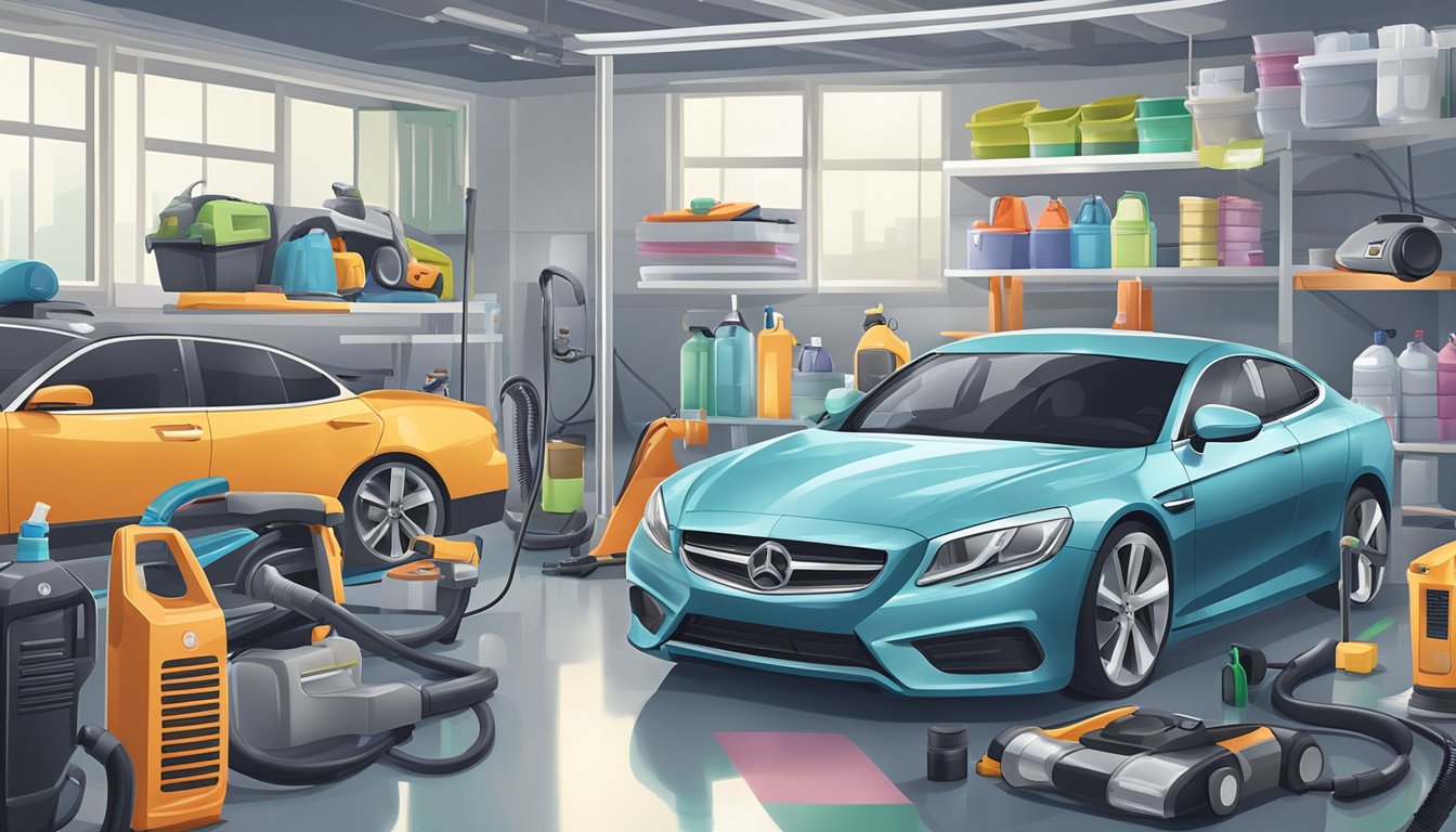 A sleek car vacuum cleaner in a tidy Singapore garage, surrounded by shiny vehicles and organized cleaning supplies