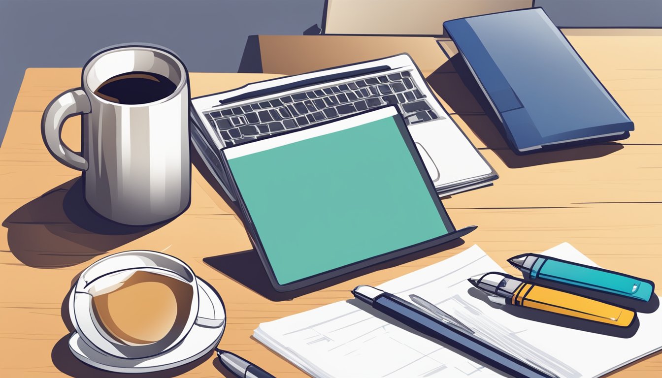 A small computer table with a stack of papers, a laptop, and a mug of coffee. A pen and notebook sit nearby