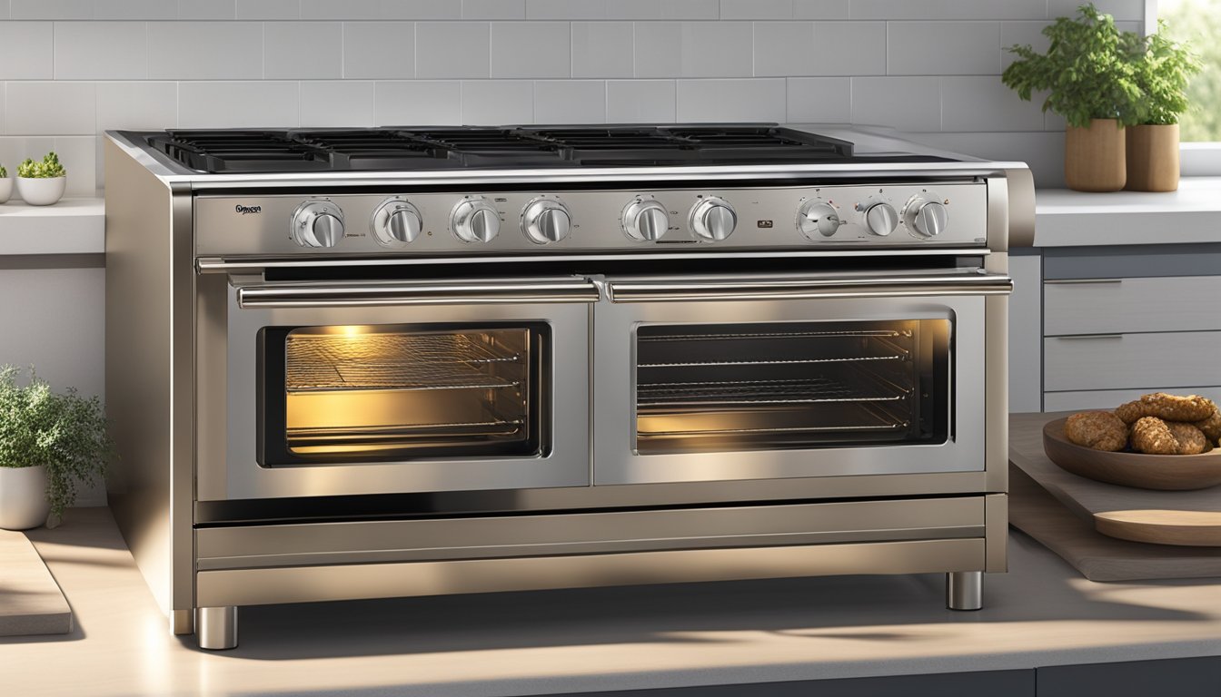 A Toyomi Oven Range sits on a clean kitchen countertop, its sleek design catching the light. The digital display glows with options for baking and roasting, while the oven door is slightly ajar, revealing a tantalizing glimpse of a golden