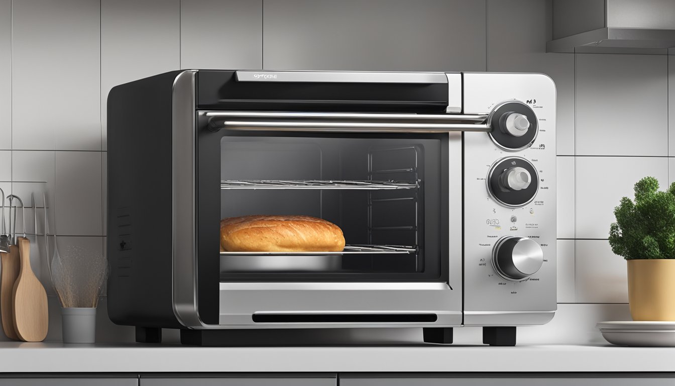 A Toyomi oven sits on a kitchen counter, with its sleek black exterior and digital display. The oven door is slightly ajar, revealing a well-lit interior with a wire rack and a baking tray