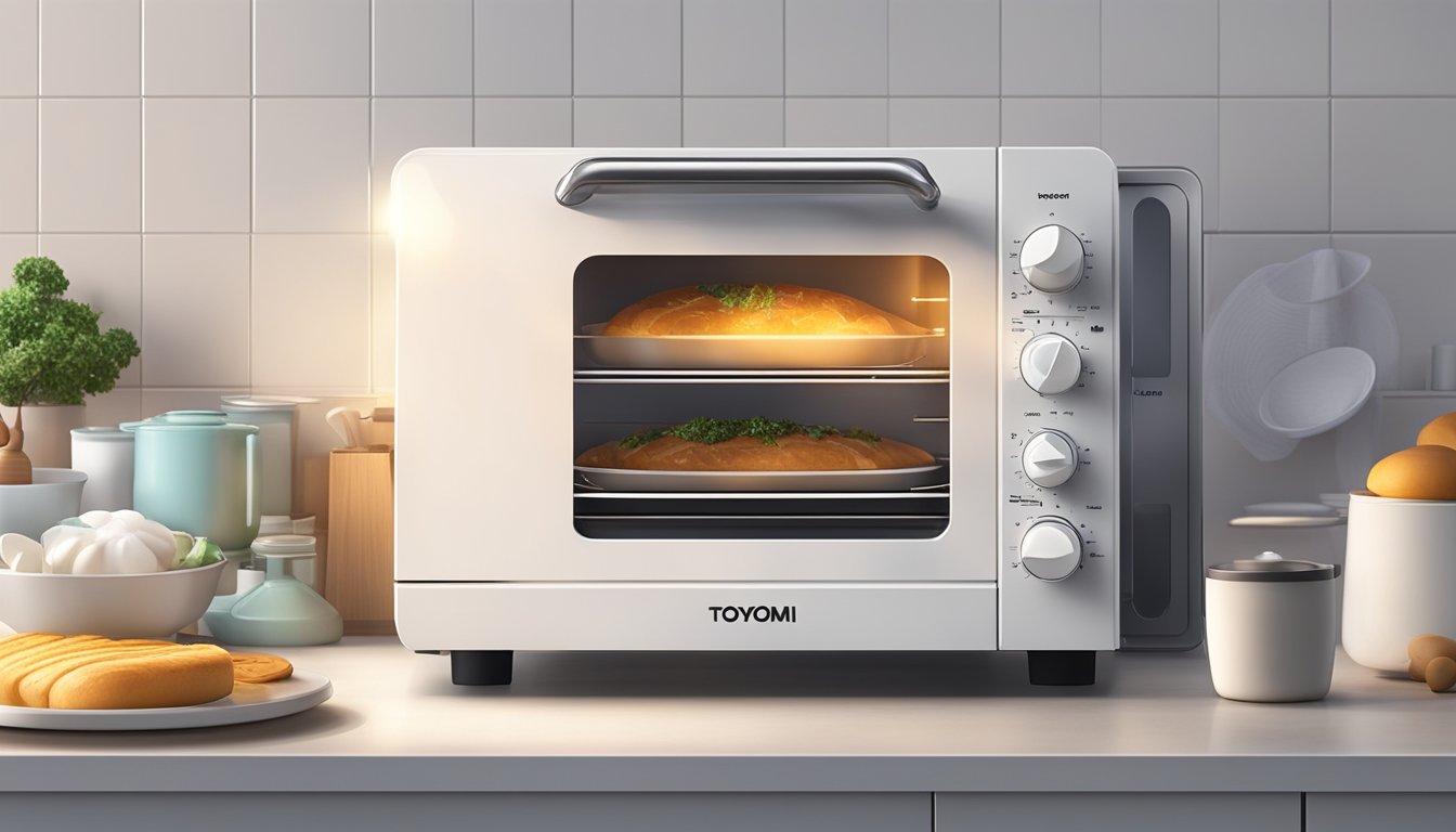 A Toyomi oven sits on a clean, white countertop with a glowing digital display and various buttons and dials. A steaming, perfectly baked dish emerges from the open oven door