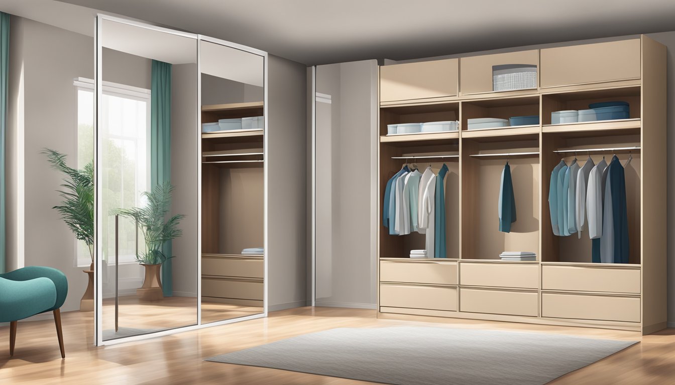 A sliding cupboard with a mirror reflects the room's interior, set against a neutral background