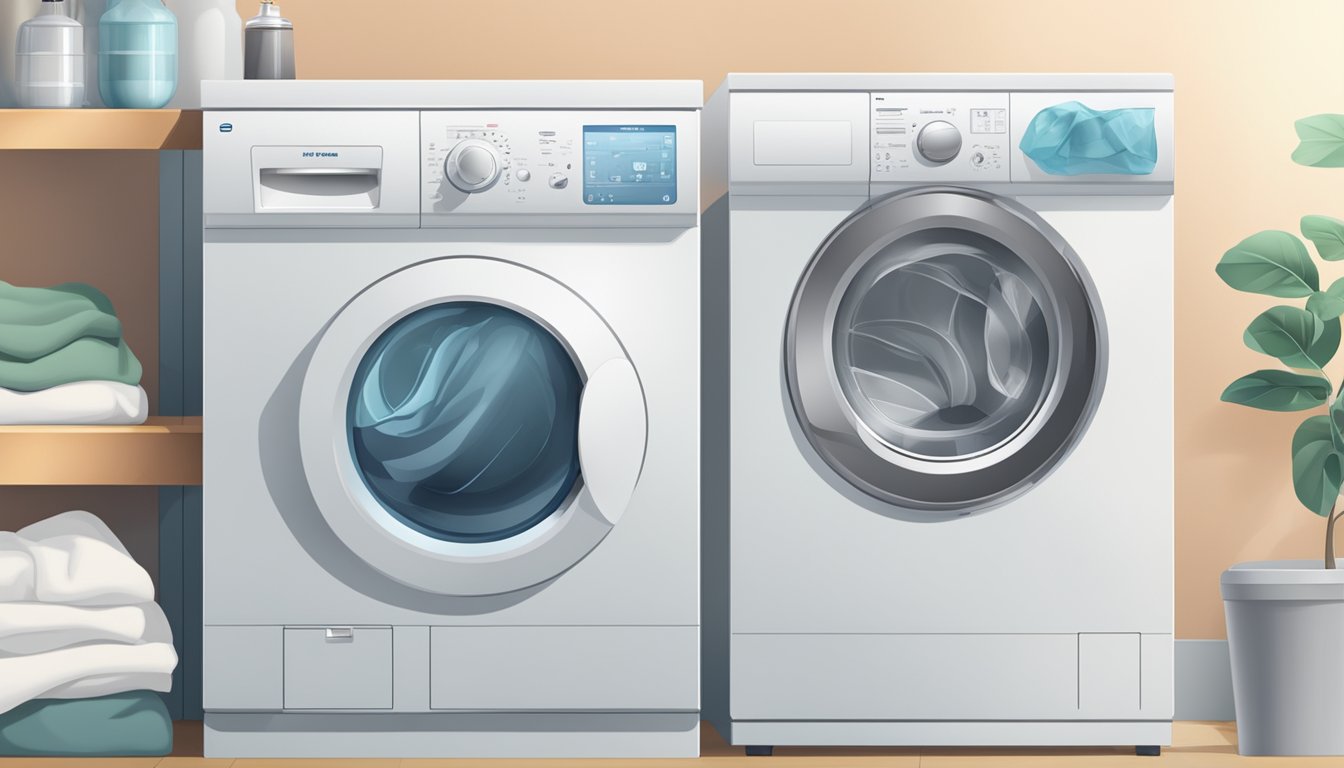 A washing machine and dryer with clear laundry symbols displayed prominently