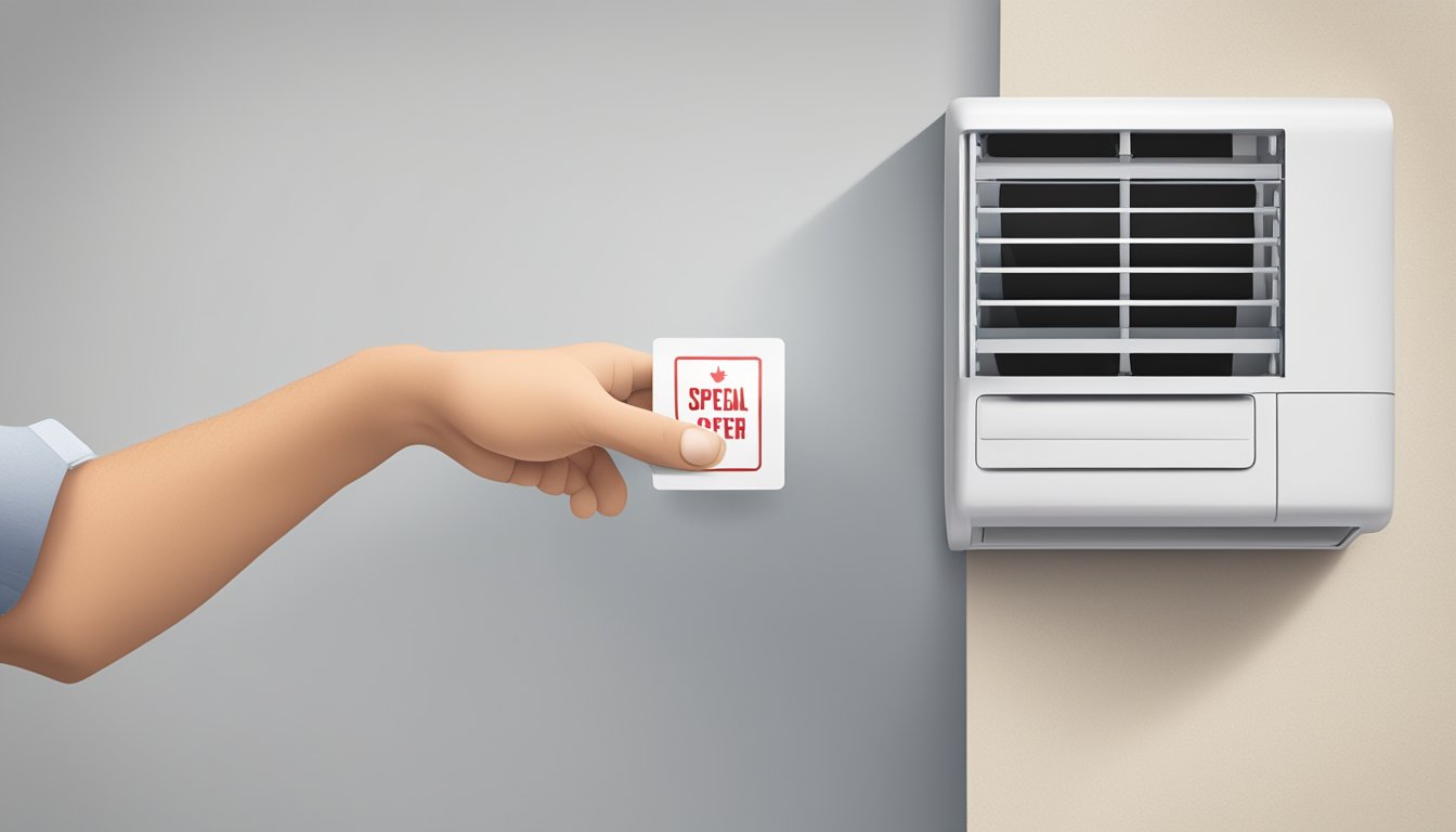 A hand reaches for a branded air conditioner with a "Special Offer" sticker