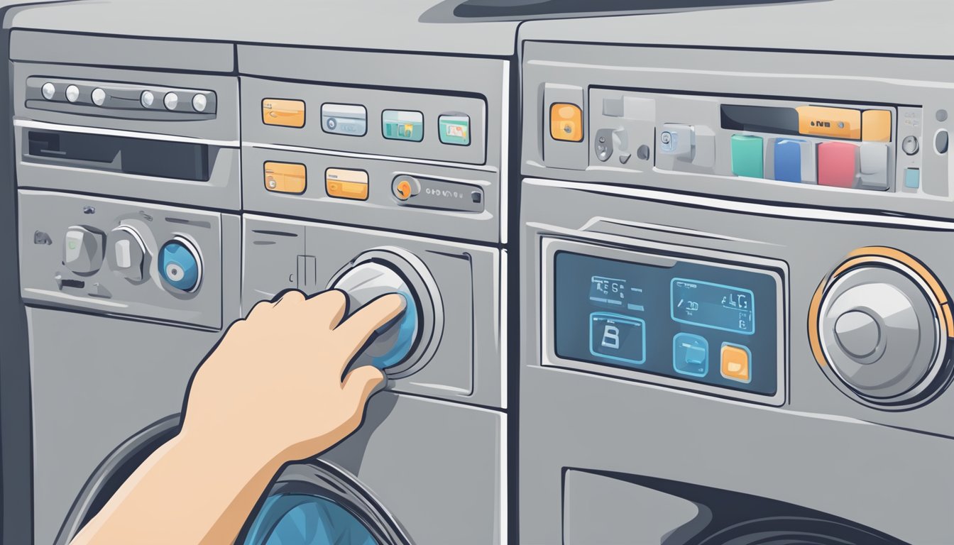 A hand reaching out to a control panel with various washer and dryer symbols, including temperature settings, cycle options, and fabric care icons