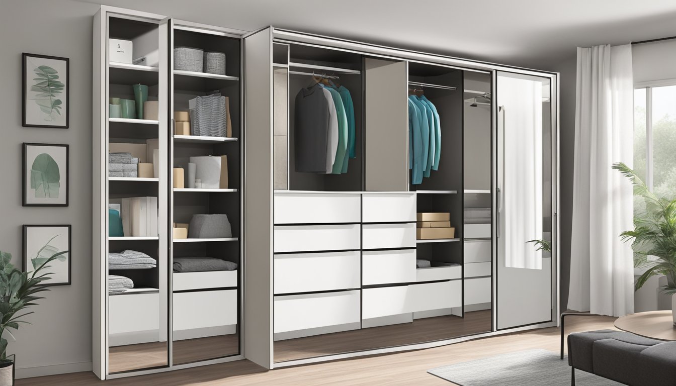 A sliding cupboard with a mirror is opened, revealing neatly organized shelves and compartments. The mirror reflects the surrounding space, creating a sense of depth and functionality