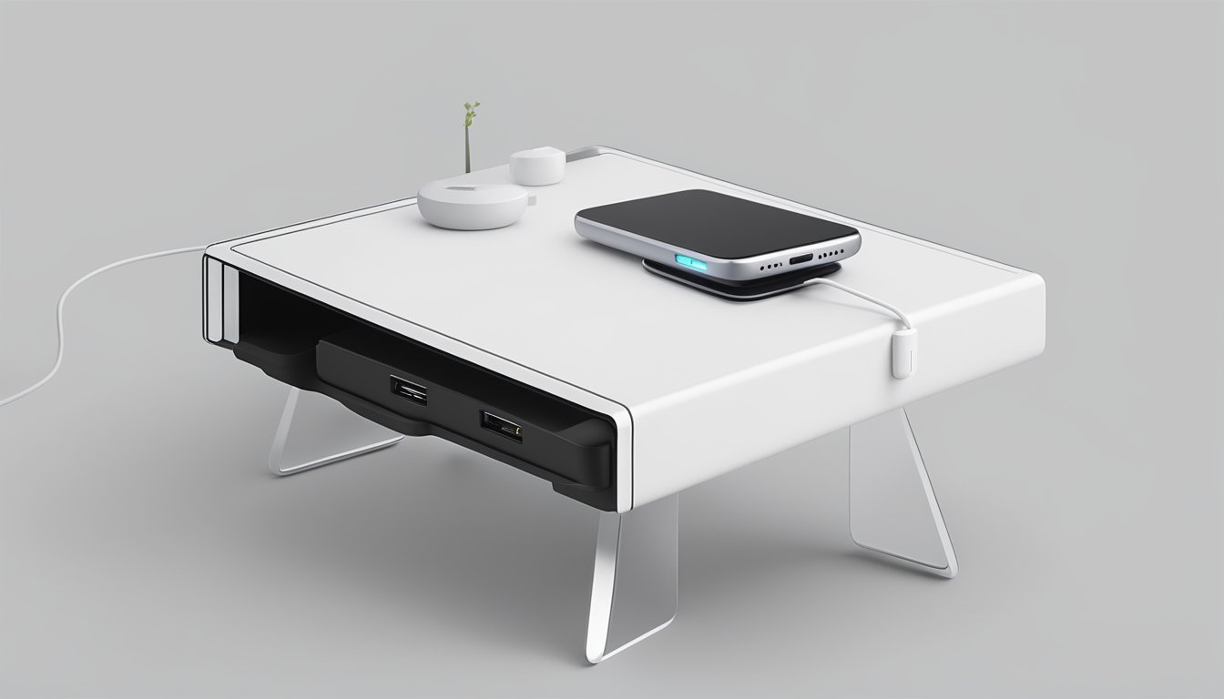 A sleek, minimalist bedside table with clean lines and a built-in charging dock