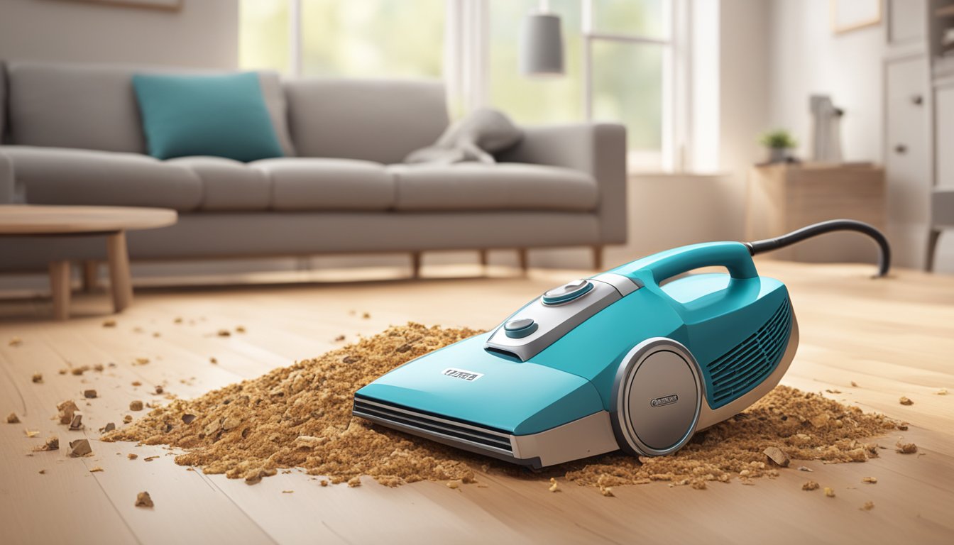 A cordless handheld vacuum cleaner sits on a hardwood floor next to a scattered pile of crumbs and debris