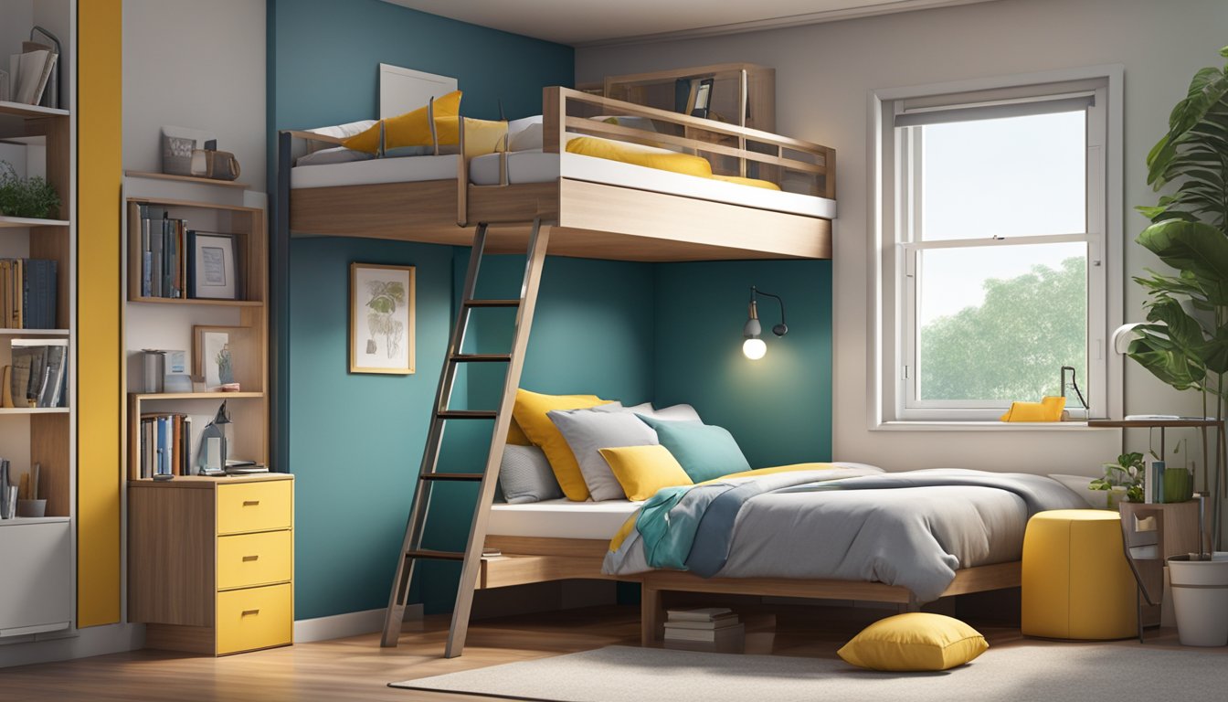 A loft bed in a Singapore HDB room, with a small desk underneath, shelves for storage, and a ladder leading up to the bed