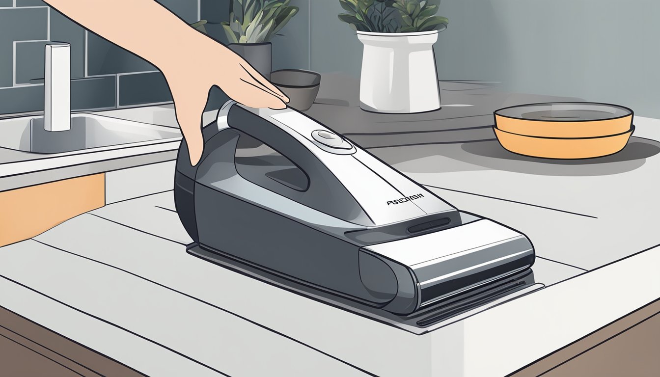 A hand reaching for a sleek, modern cordless handheld vacuum on a clean, clutter-free countertop