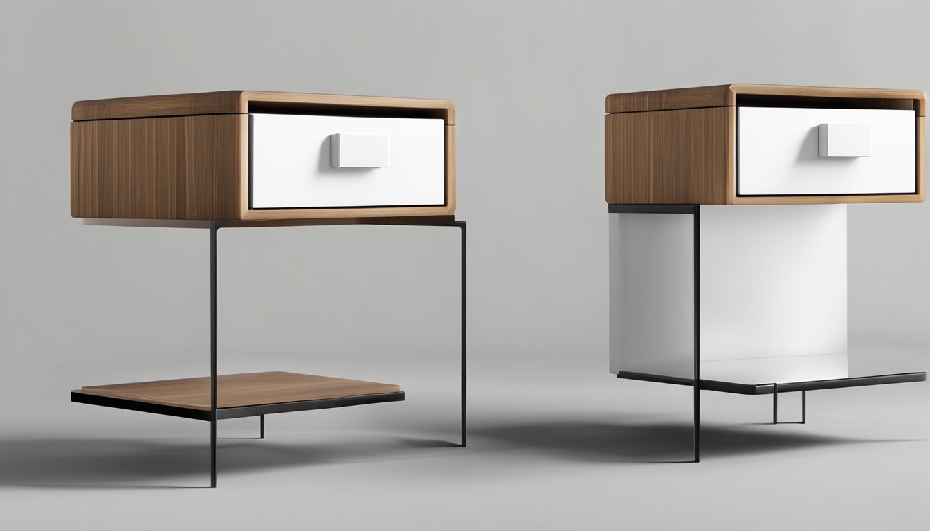 Two modern bedside tables with sleek designs and clean lines. One table has a drawer and the other has open shelving. Both tables are made of wood with a glossy finish