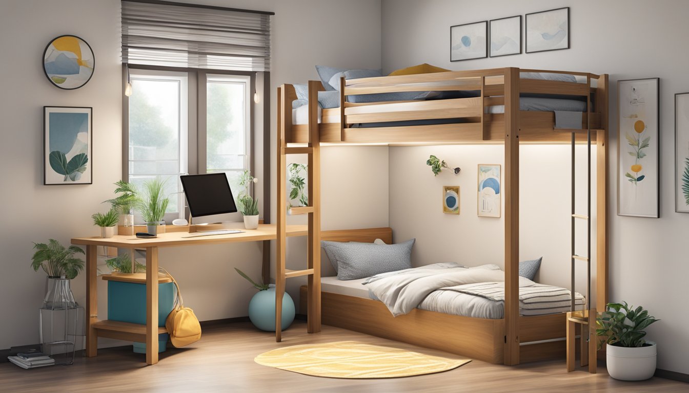 A sturdy loft bed with safety railings, quality wood, and smooth finish, situated in a well-lit and spacious HDB bedroom in Singapore