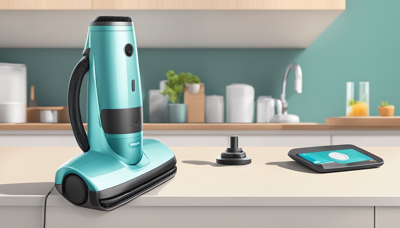 A cordless handheld vacuum cleaner with various attachments sits on a clean, clutter-free countertop. A charging dock is visible nearby