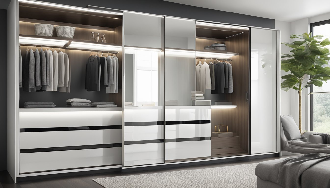 A sleek, modern sliding door wardrobe with mirrored panels and built-in LED lighting
