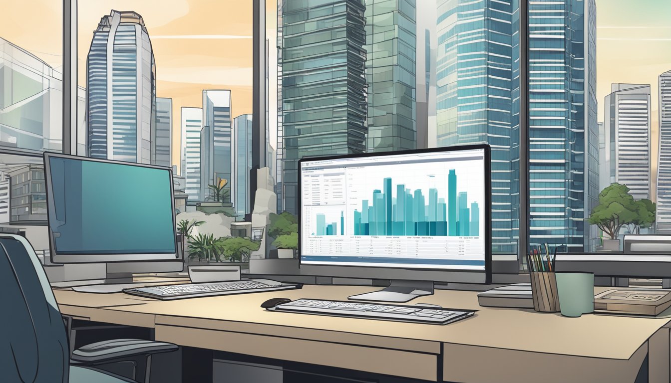 A bustling Singapore cityscape with a prominent office building in the background, and a salary report displayed on a computer screen in the foreground