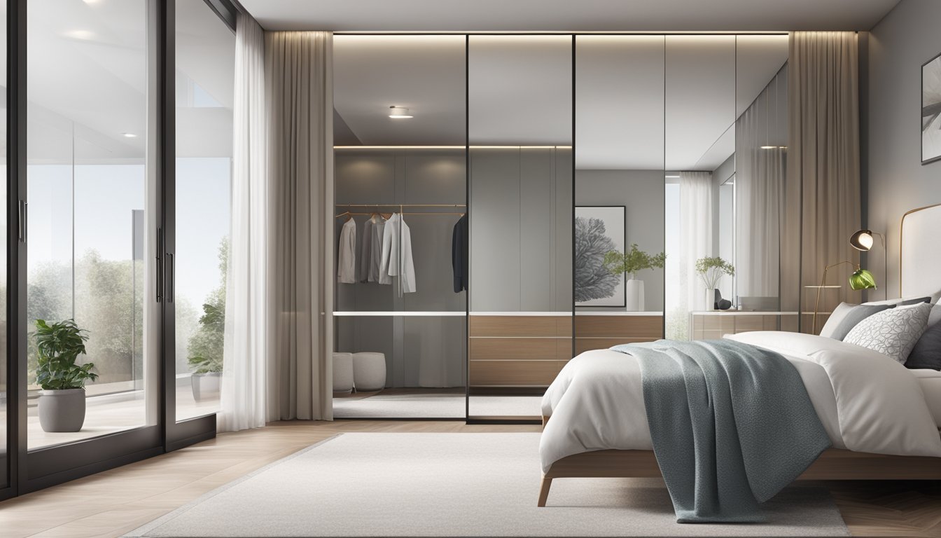 A spacious bedroom with a sleek, modern sliding door wardrobe, featuring clean lines, minimalistic handles, and a combination of mirrored and frosted glass panels