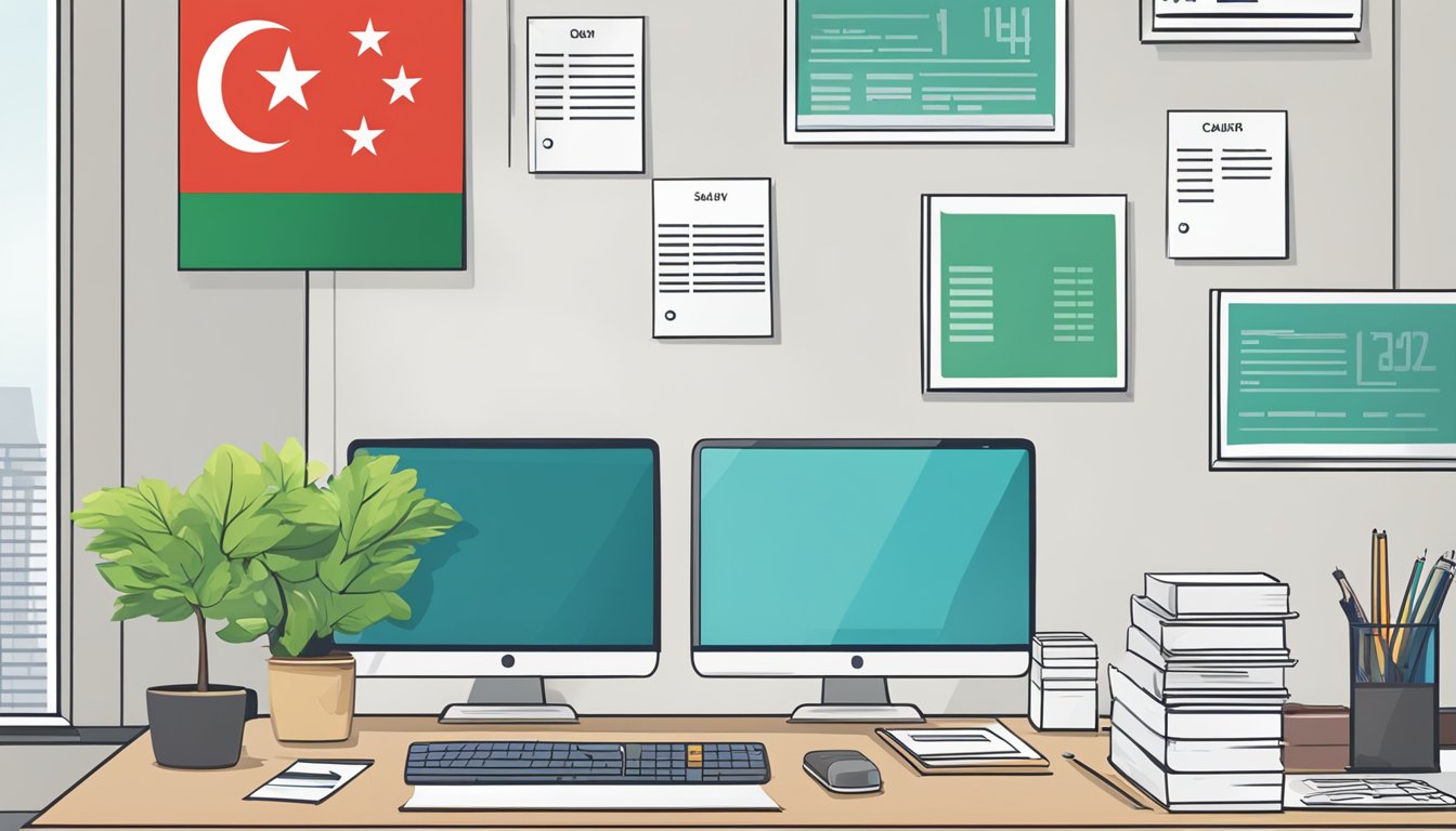 A desk with a computer, files, and a calculator. A salary chart on the wall. A Singaporean flag in the background
