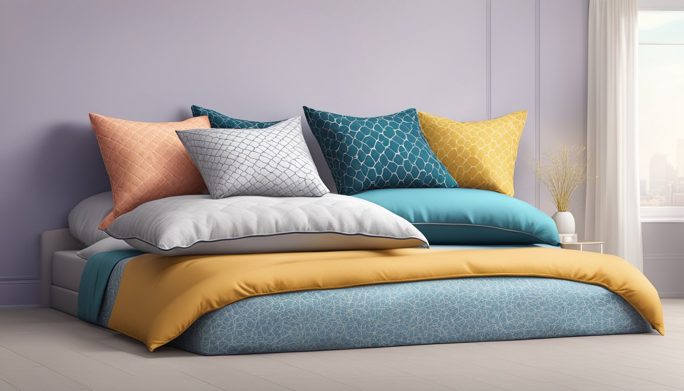Three pillows stacked on a single bed, each with a different pattern or color