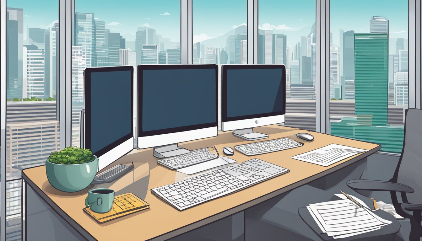 A desk with a computer, calculator, and paperwork. A salary breakdown chart on the screen. Singapore skyline in the background