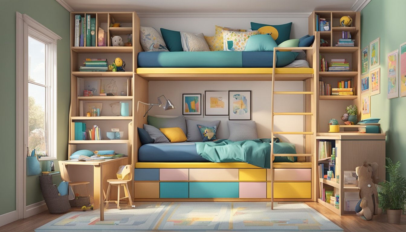 A three in one bed with a loft, desk, and storage underneath, surrounded by books and toys, with a cozy reading nook in the corner