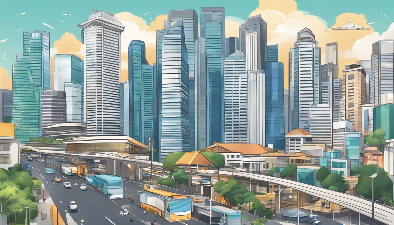 A bustling Singapore cityscape with a prominent HR office building, surrounded by modern skyscrapers and bustling streets, symbolizing career progression and financial success
