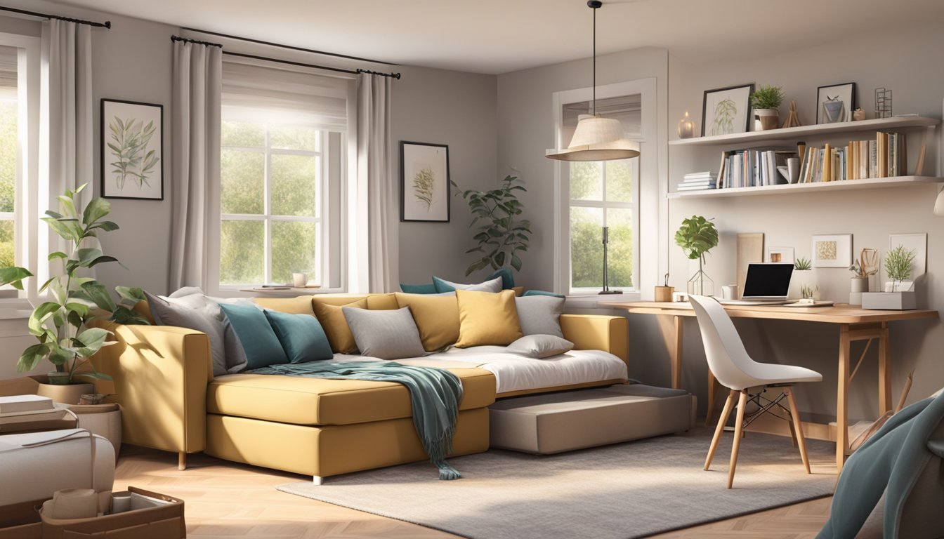 A cozy living room with a three-in-one bed seamlessly transforming into a sofa, desk, and storage unit, surrounded by stylish decor and ample natural light