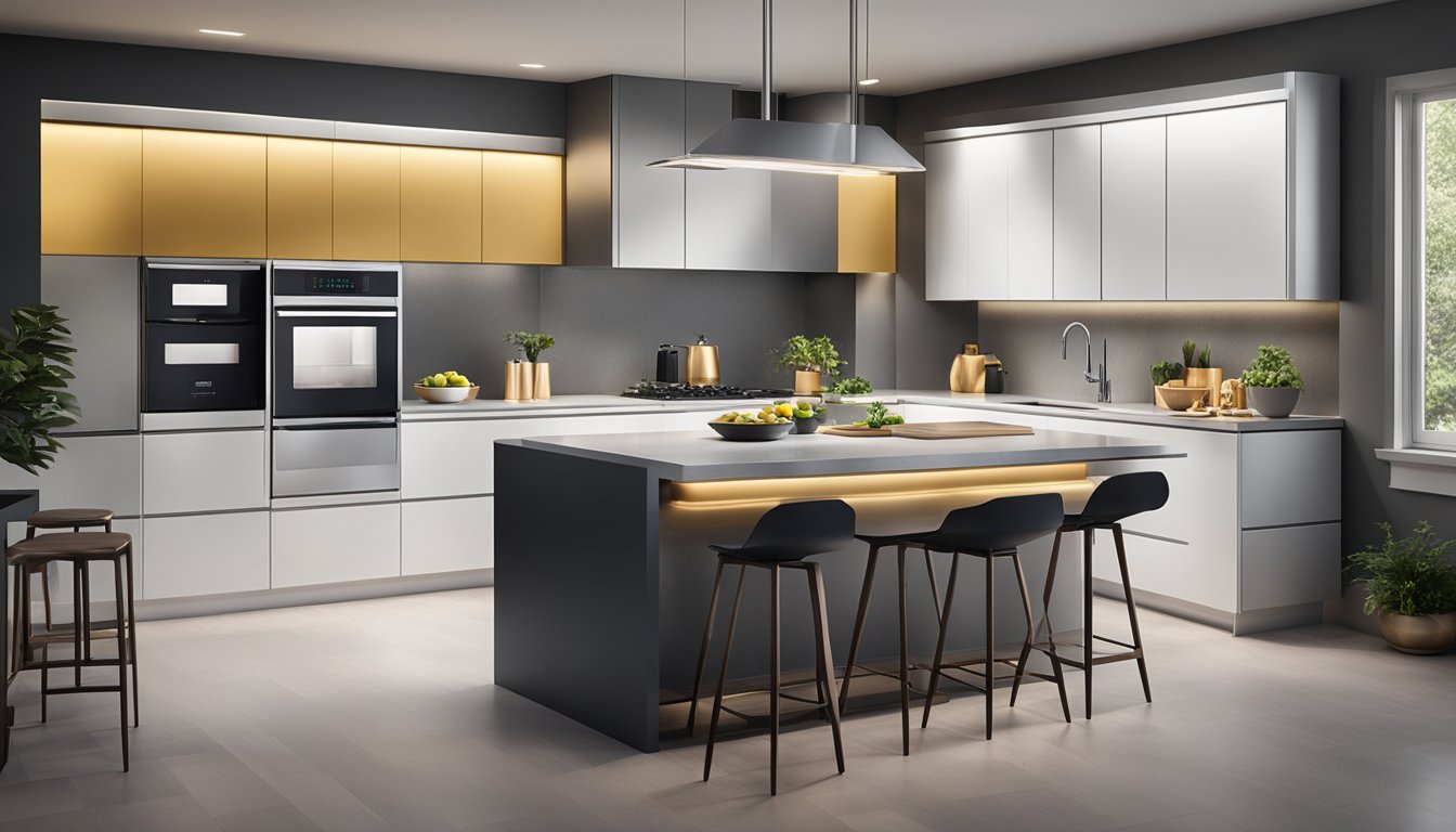 Various top microwave brands and models displayed on a sleek, modern kitchen countertop. Bright lighting highlights the glossy finishes and sleek designs