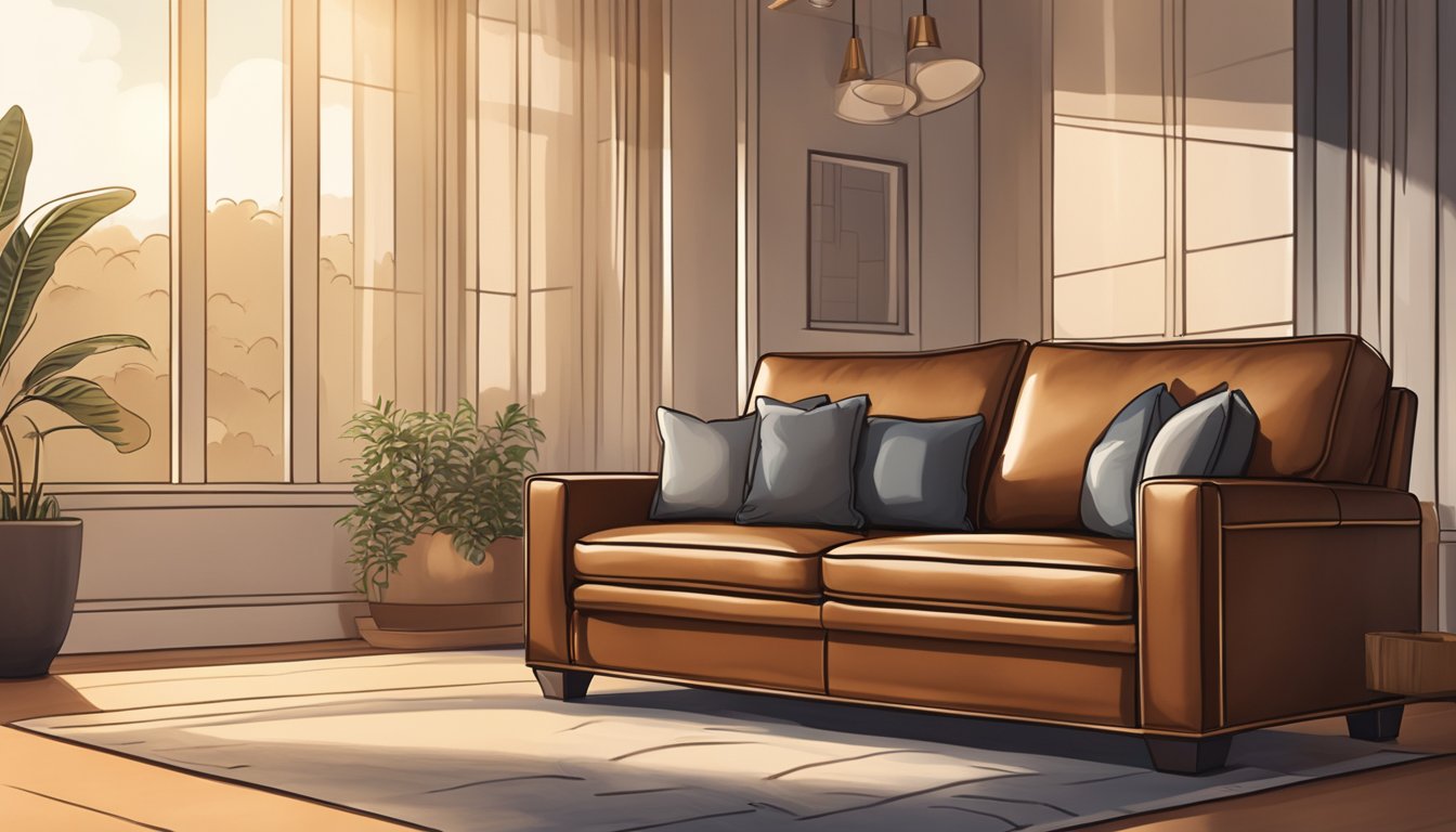 A brown leather sofa sits in a sunlit room, with plush cushions and sleek armrests