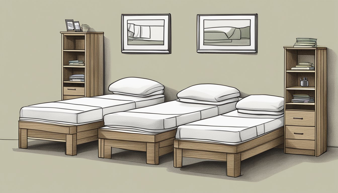 Three beds stacked together, with a sign reading "Frequently Asked Questions three in one bed" above them