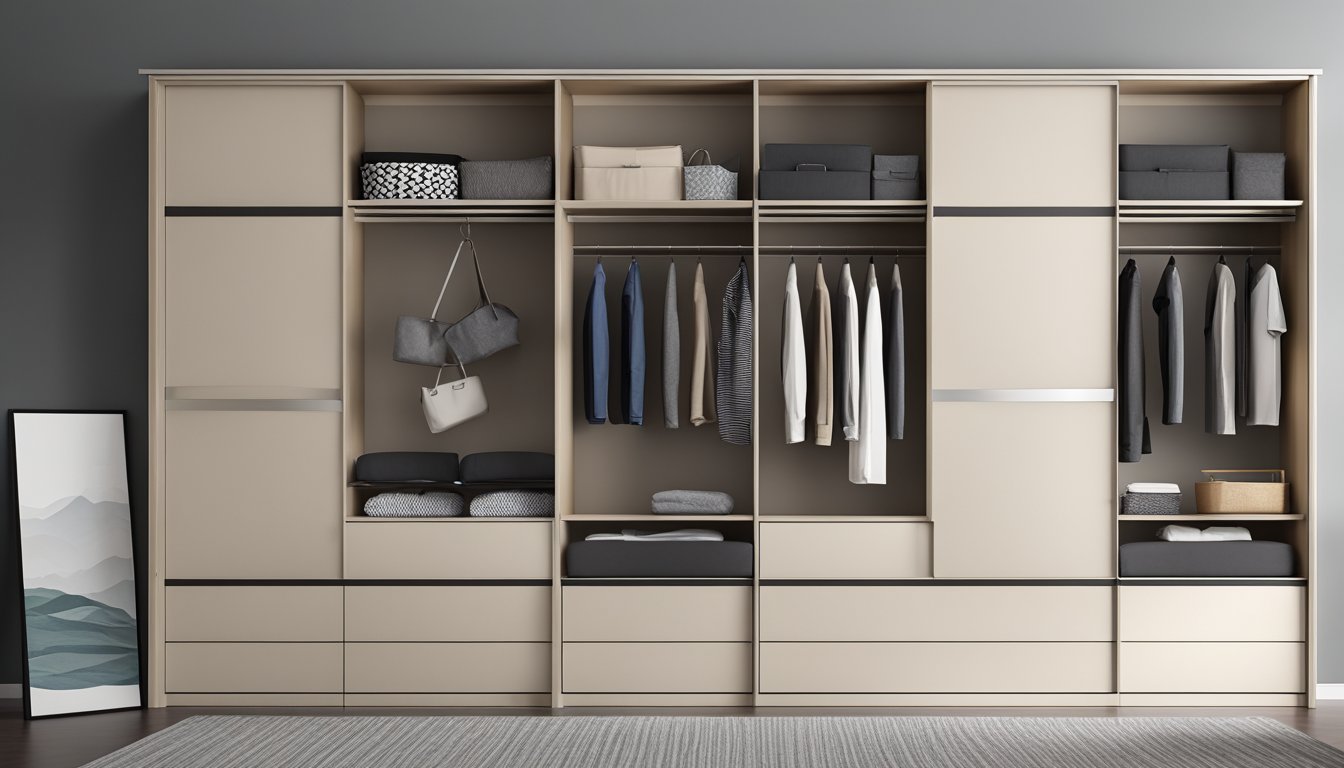A sleek, modern sliding door wardrobe with organized shelves and compartments, showcasing its versatility and functionality