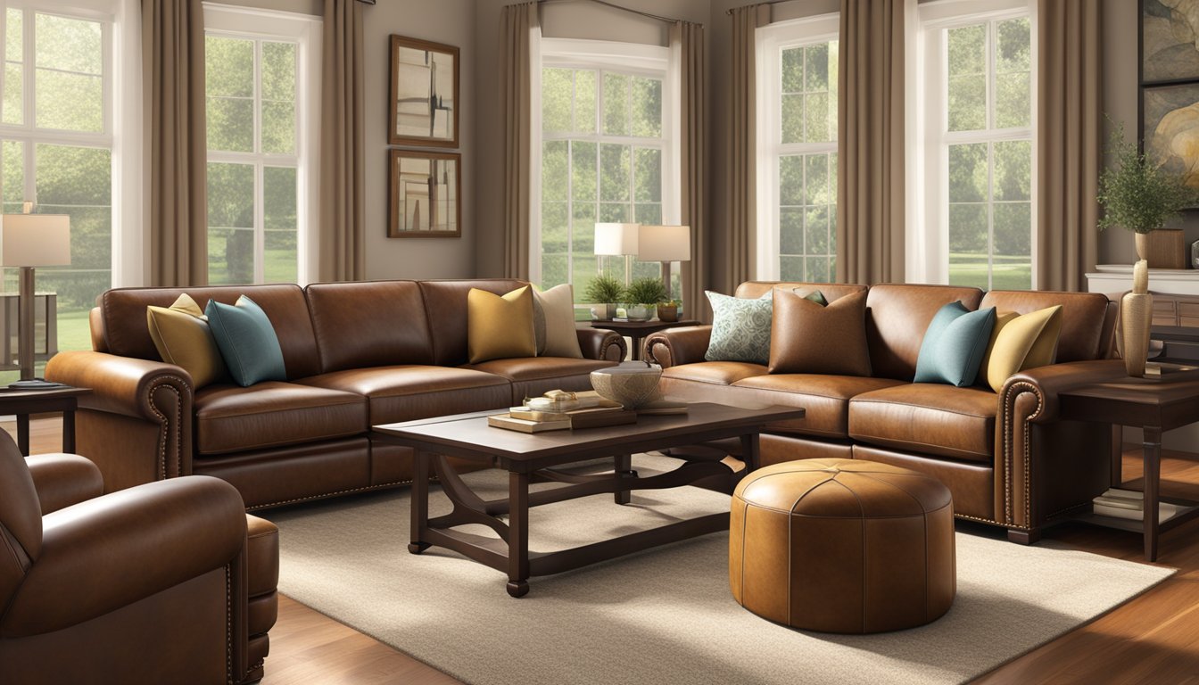 A brown leather sofa sits in a well-lit living room, surrounded by warm, earthy tones. The smooth, rich texture of the leather exudes elegance and comfort