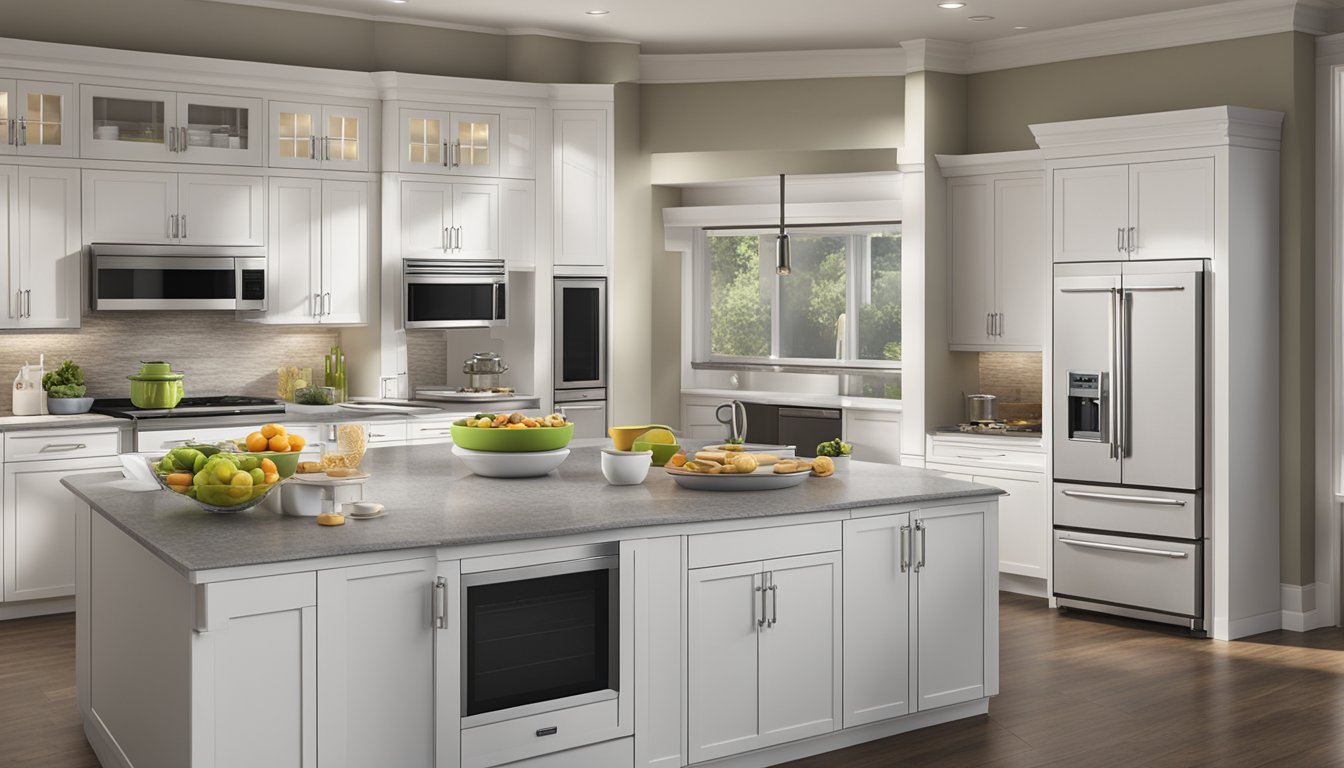 A modern kitchen with various microwave brands displayed on a counter, with one brand prominently featured as the "best" option