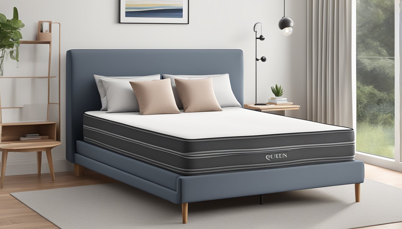 A medium firm queen mattress sits on a simple bed frame, with clean lines and minimalistic design