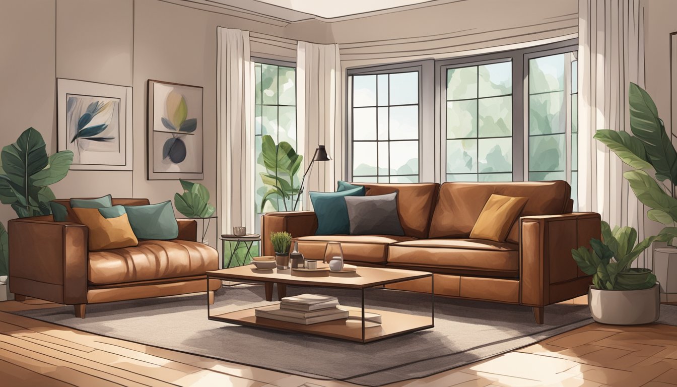 A brown leather sofa sits in a well-lit living room, surrounded by modern decor and a cozy ambiance