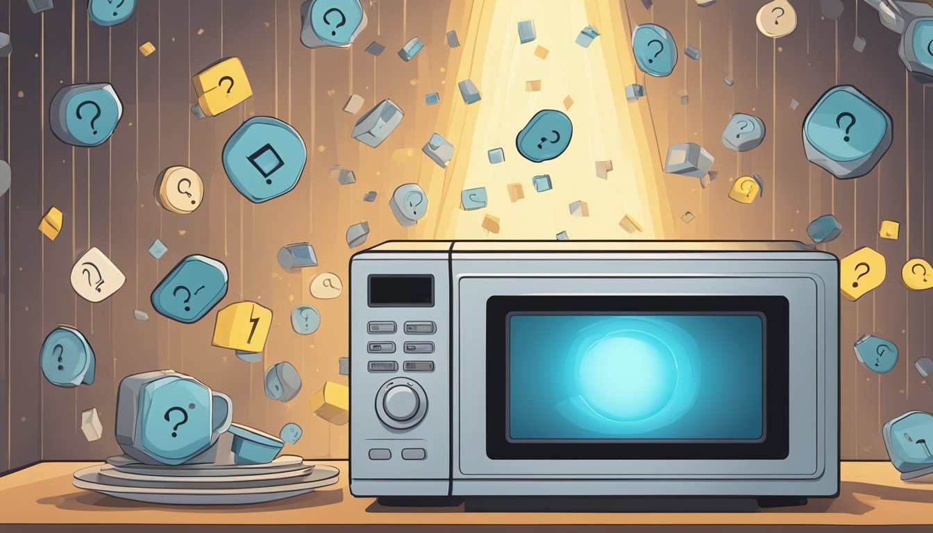 A microwave surrounded by question marks, with a spotlight shining on it