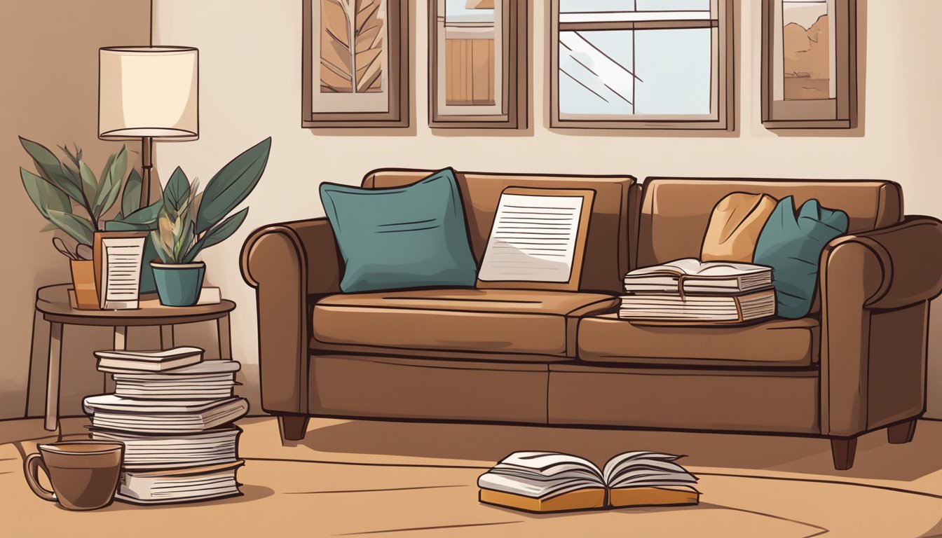 A brown leather sofa surrounded by a stack of Frequently Asked Questions books and a cozy throw blanket