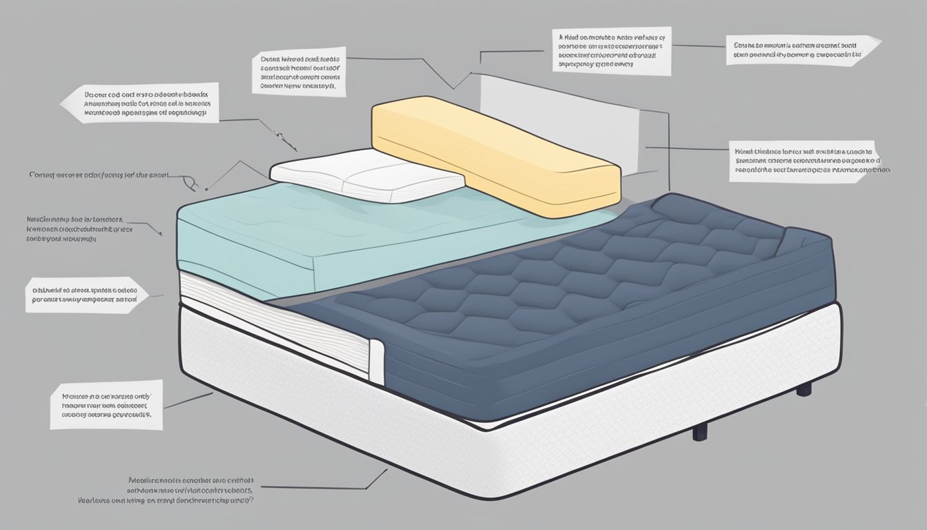 A queen-sized mattress with a medium firmness, surrounded by a stack of frequently asked questions about it